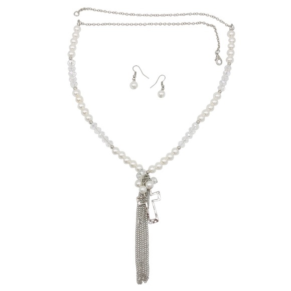 Long Pearl Cross Charm Tassel Necklace Earring Set - Picture 1 of 2